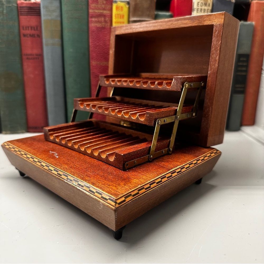 Antique handmade Cigarette box inlaid music box wooden antique cigarette holder - Picture 4 of 14